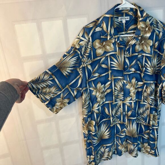 Pierre Cardin Blue Collared Short Sleeve Button Up Hawaiian Shirt Size Large - Picture 2 of 7
